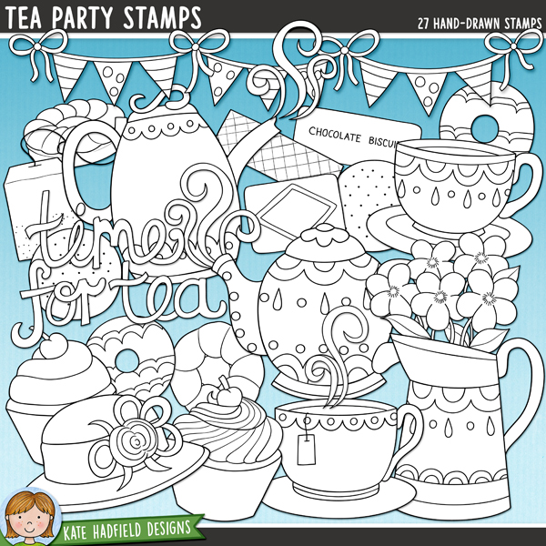 Tea Party Stamps - a fun collection of afternoon tea digital stamps! (Line art versions also included). Hand-drawn illustrations for digital scrapbooking, crafting and teaching resources from Kate Hadfield Designs.