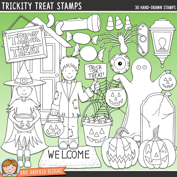 Trickity Treat Stamps - a cute collection of Halloween characters digital stamps! (Line art versions also included). Hand-drawn illustrations for digital scrapbooking, crafting and teaching resources from Kate Hadfield Designs. Trickity Treat Stamps - a cute collection of Halloween characters digital stamps! (Line art versions also included). Hand-drawn illustrations for digital scrapbooking, crafting and teaching resources from Kate Hadfield Designs.