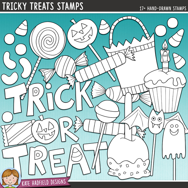 Tricky Treats Stamps - a cute and colourful collection of Halloween candy digital stamps! (Line art versions also included). Hand-drawn illustrations for digital scrapbooking, crafting and teaching resources from Kate Hadfield Designs.