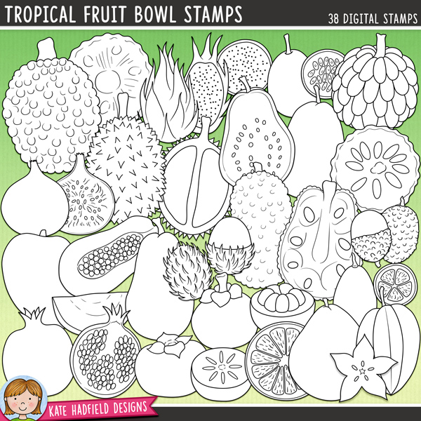Tropical Fruit Bowl Stamps - a cute and colourful collection of tropical fruit digital stamps! (Line art versions also included). Hand-drawn illustrations for digital scrapbooking, crafting, card making and teaching resources from Kate Hadfield Designs.