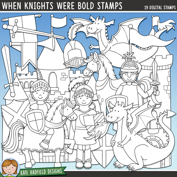 When Knights Were Bold Stamps - a fairy tale collection of medieval knights themed digital stamps! (Line art versions also included). Hand-drawn illustrations for digital scrapbooking, crafting and teaching resources from Kate Hadfield Designs. When Knights Were Bold Stamps - a fairy tale collection of medieval knights themed digital stamps! (Line art versions also included). Hand-drawn illustrations for digital scrapbooking, crafting and teaching resources from Kate Hadfield Designs.