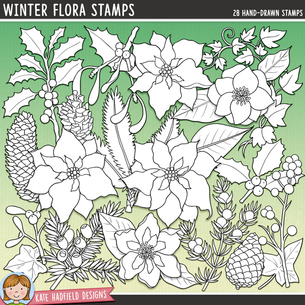 Winter Flora Stamps - a fun collection of Christmas flowers digital stamps! (Line art versions also included). Hand-drawn illustrations for digital scrapbooking, crafting and teaching resources from Kate Hadfield Designs. Winter Flora Stamps - a fun collection of Christmas flowers digital stamps! (Line art versions also included). Hand-drawn illustrations for digital scrapbooking, crafting and teaching resources from Kate Hadfield Designs.