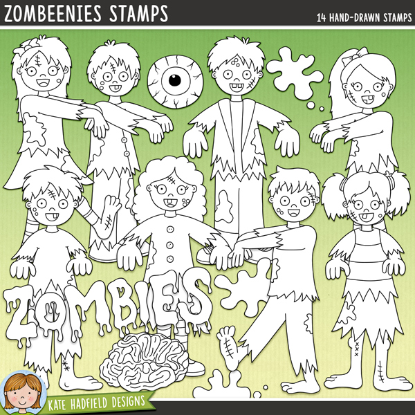 Zombeenies Stamps - a fun collection of zombie kids digital stamps! (Line art versions also included). Hand-drawn illustrations for digital scrapbooking, crafting and teaching resources from Kate Hadfield Designs.