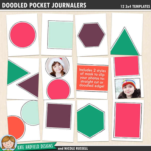 Doodled Pocket Journalers - pack of twelve 3x4 inch digital scrapbooking pocket page templates ideal for pocket scrapping. Show off your photos with these fun templates from Kate Hadfield Designs!