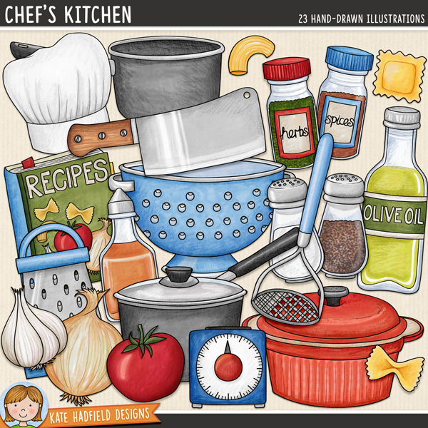 Chef's Kitchen: Cookery digital scrapbook elements / cute kitchen and cooking clip art! Hand-drawn doodles and illustrations for digital scrapbooking, crafting and teaching resources from Kate Hadfield Designs. 