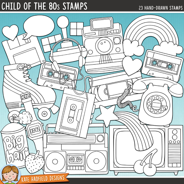 	Outline versions of my Child of the 80s doodles, this stamp pack contains the same doodles in three different formats: black outline png, black outline filled with white png (as shown in the preview) and a new bolder outline version for working on a smaller scale. Digital stamps are perfect for creating colouring sheets, cards and other hybrid projects as well as for stamping on your digital scrapbooking pages!If you look back fondly on those wonderful days of ra-ra skirts, neon socks and blue mascara then this kitsch doodle pack is for you! This celebration of the 1980s contains the following hand-drawn digital stamps: boombox, camera, floppy disk, 2 game pieces, hairspray, 2 hearts, joystick, personal stereo, rainbow, roller boot, shooting star, 2 speech bubbles, 2 cassette tapes, telephone, TV, video cassette, digital watch, cherry and strawberry.FOR PERSONAL & EDUCATIONAL USE (please see my Terms of Use for more information)