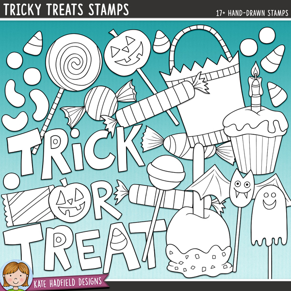 Tricky Treats -  fun Halloween candy digital stamps inspired by the contents of my children's trick-or-treat bags! Hand-drawn illustrations and doodles for digital scrapbooking, crafting and teaching resources from Kate Hadfield Designs.