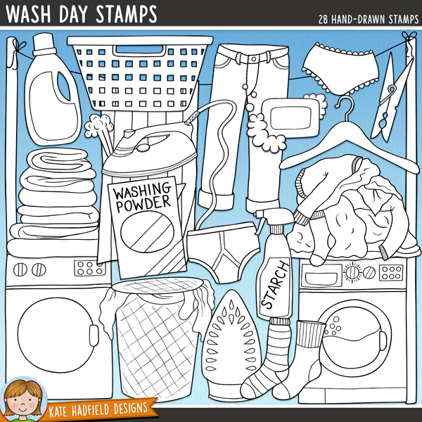 	Outlined versions of my Wash Day doodles, this stamp pack contains the same doodles in three different formats: black outline png, black outline filled with white png (as shown in the preview) and a new bolder outline version for working on a smaller scale. Digital stamps are perfect for creating colouring sheets, cards and other hybrid projects as well as for stamping on your digital scrapbooking pages!The companion set to my Spring Clean doodles, Wash Day is dedicated to all things laundry!! Contains the following hand-drawn digital stamps: coathanger; dryer; fabric softener bottle; pile of folded laundry; 2 irons; blast of steam; jeans; knickers; laundry bin; peg, pile of dirty clothes; skirt; soap; 2 socks; starch spray bottle; towel; t-shirt; underpants; washing basket; washing line, poles and pegs; washing machine; 2 boxes of washing powder.FOR PERSONAL & EDUCATIONAL USE (please see my Terms of Use for more information)