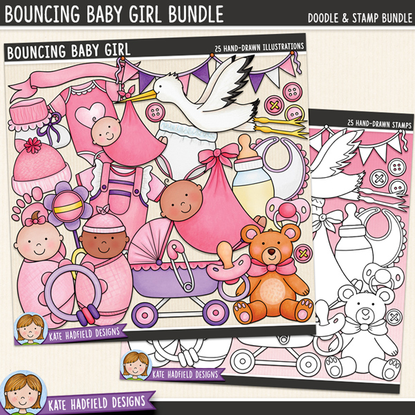 Bouncing Baby Girl clipart and line art bundle