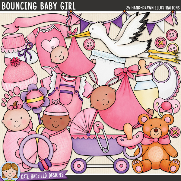 Bouncing Baby Girl clipart and line art bundle