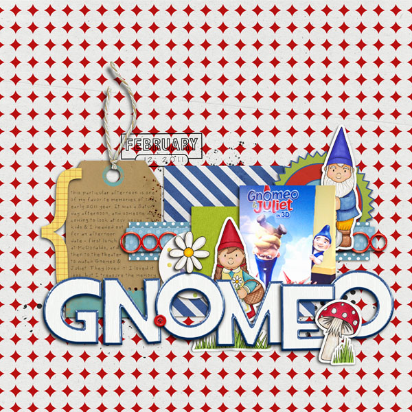 "Gnomeo" Spring scrapbook layout ideas | digital scrapbooking page by Rebecca