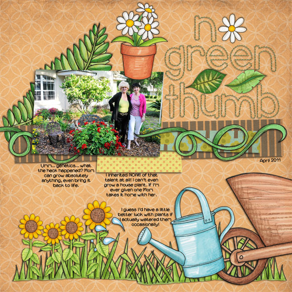 "No Green Thumb" Spring scrapbook layout ideas | digital scrapbooking page by Stacy