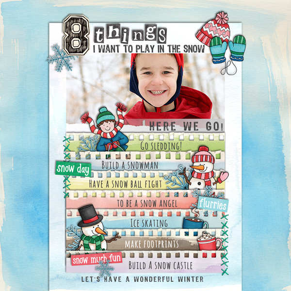 Winter digital scrapbooking page | winter scrapbook layout ideas| Kate Hadfield Designs Creative Team "Let It Snow" layout by Akizo