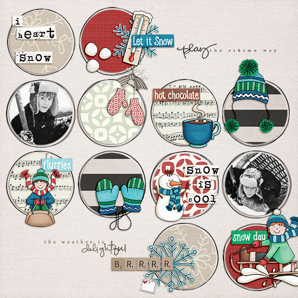 Winter digital scrapbooking page | winter scrapbook layout ideas| Kate Hadfield Designs Creative Team "Let It Snow" layout by Karen