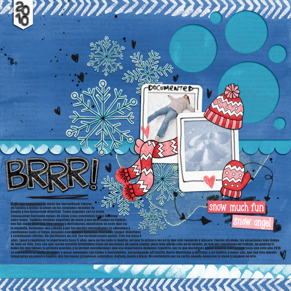 Winter digital scrapbooking page | winter scrapbook layout ideas| Kate Hadfield Designs Creative Team "Let It Snow" layout by Karen