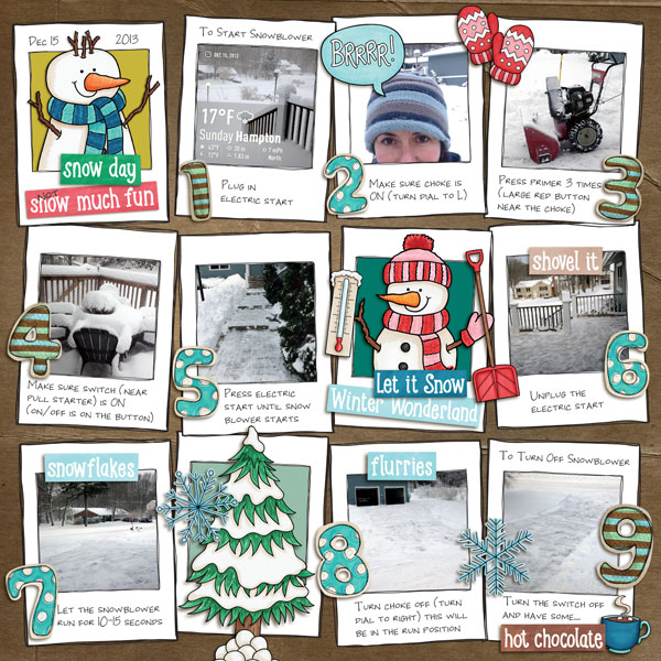 Winter digital scrapbooking page | winter scrapbook layout ideas| Kate Hadfield Designs Creative Team "Let It Snow" layout by Nicole