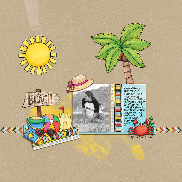On the Beach digital scrapbooking page | vacation scrapbook layout ideas | Kate Hadfield Designs creative team layout by Amanda