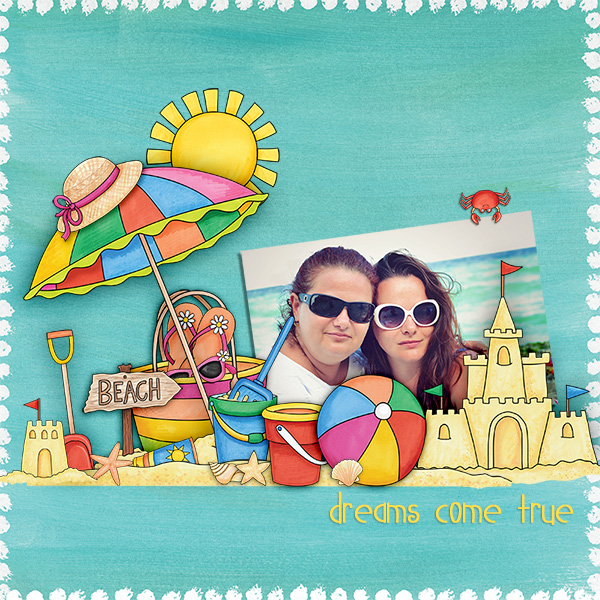 On the Beach digital scrapbooking page | vacation scrapbook layout ideas | Kate Hadfield Designs creative team layout by Iva
