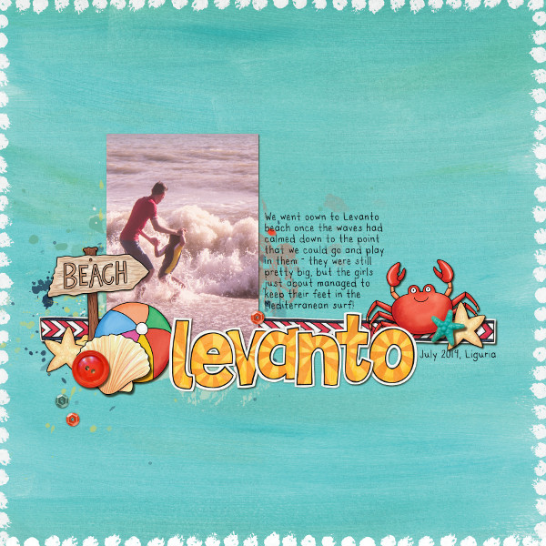 On the Beach digital scrapbooking page | vacation scrapbook layout ideas | Kate Hadfield Designs creative team layout by Jude