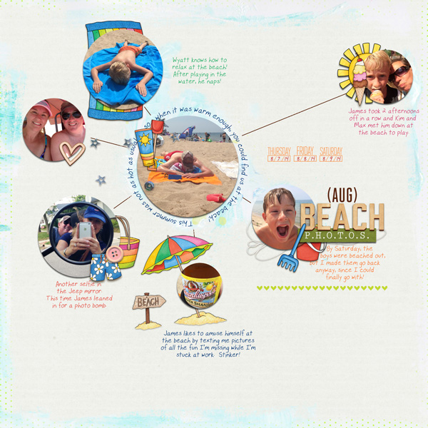 On the Beach digital scrapbooking page | vacation scrapbook layout ideas | Kate Hadfield Designs creative team layout by Karen