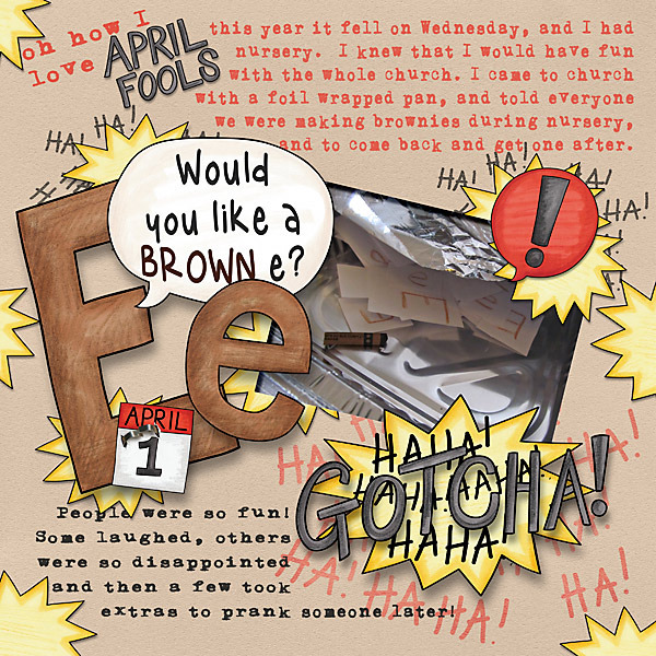 April Fools Day digital scrapbooking page | scrapbook layout ideas | Kate Hadfield Designs creative team layout by Anne