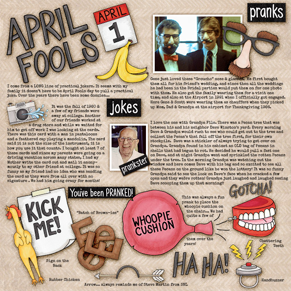 April Fools Day digital scrapbooking page | scrapbook layout ideas | Kate Hadfield Designs creative team layout by Christa