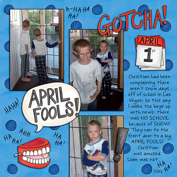 April Fools Day digital scrapbooking page | scrapbook layout ideas | Kate Hadfield Designs creative team layout by Jenna