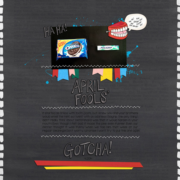April Fools Day digital scrapbooking page | scrapbook layout ideas | Kate Hadfield Designs creative team layout by Keela