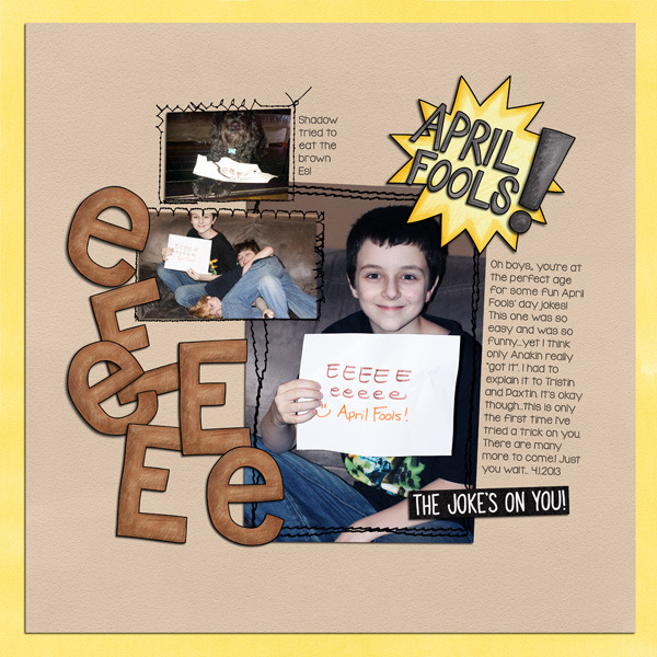 April Fools Day digital scrapbooking page | scrapbook layout ideas | Kate Hadfield Designs creative team layout by Keela