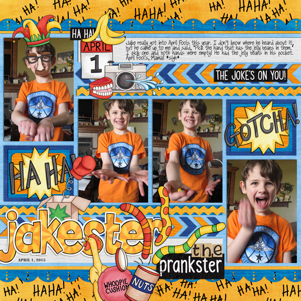 April Fools Day digital scrapbooking page | scrapbook layout ideas | Kate Hadfield Designs creative team layout by Rebecca