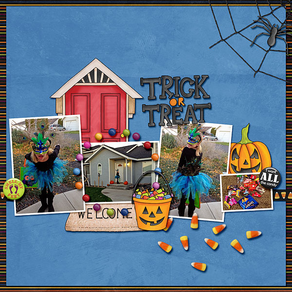 Halloween digital scrapbooking layout created with "Trickity Treat" kit by Kate Hadfield & Kim Jensen. Ideas for Halloween scrapbook pages! Layout by Creative Team member Bethany