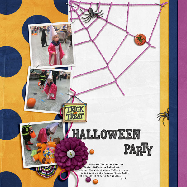 Halloween digital scrapbooking layout created with "Trickity Treat" kit by Kate Hadfield & Kim Jensen. Ideas for Halloween scrapbook pages! Layout by Creative Team member Diane