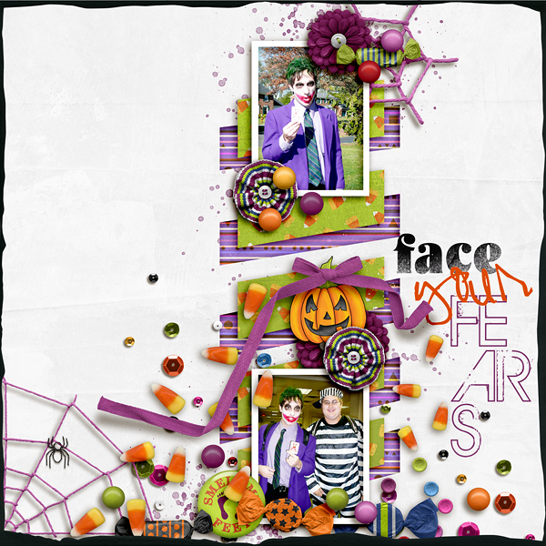 Halloween digital scrapbooking layout created with "Trickity Treat" kit by Kate Hadfield & Kim Jensen. Ideas for Halloween scrapbook pages! Layout by Creative Team member Ellen
