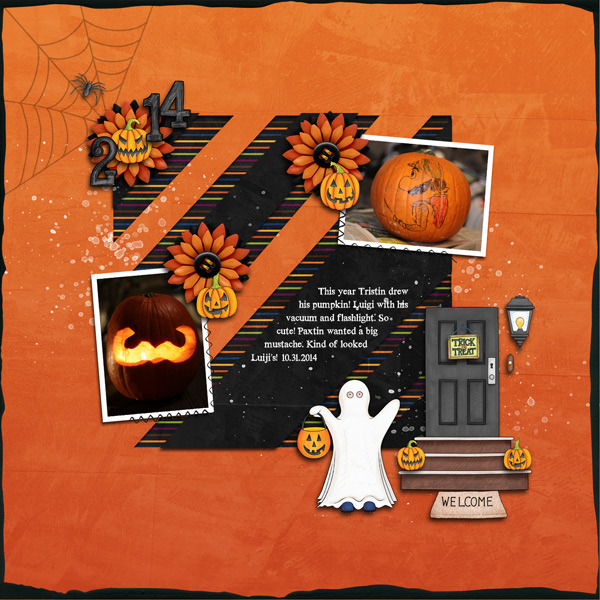 Halloween digital scrapbooking layout created with "Trickity Treat" kit by Kate Hadfield & Kim Jensen. Ideas for Halloween scrapbook pages! Layout by Creative Team member Keela