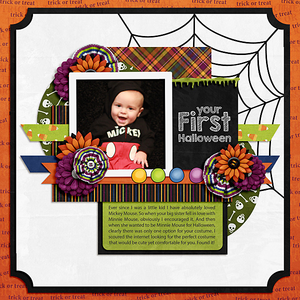 Halloween digital scrapbooking layout created with "Trickity Treat" kit by Kate Hadfield & Kim Jensen. Ideas for Halloween scrapbook pages! Layout by Creative Team member Kristen