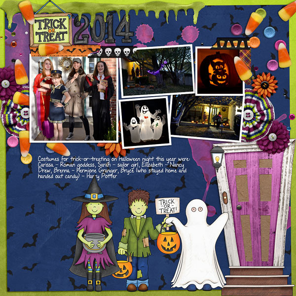 Halloween digital scrapbooking layout created with "Trickity Treat" kit by Kate Hadfield & Kim Jensen. Ideas for Halloween scrapbook pages! Layout by Creative Team member Melinda