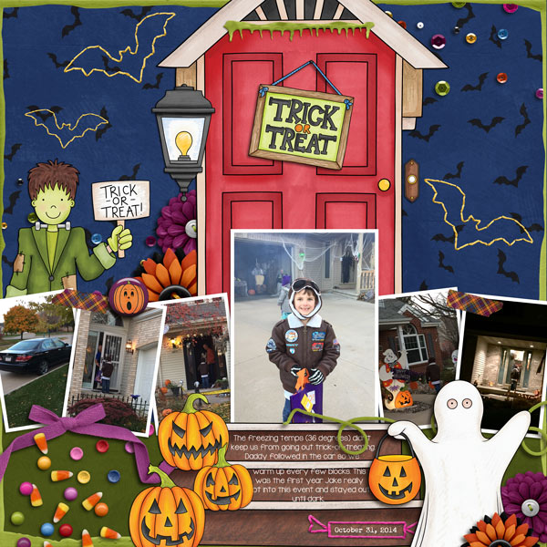 Halloween digital scrapbooking layout created with "Trickity Treat" kit by Kate Hadfield & Kim Jensen. Ideas for Halloween scrapbook pages! Layout by Creative Team member Rebecca