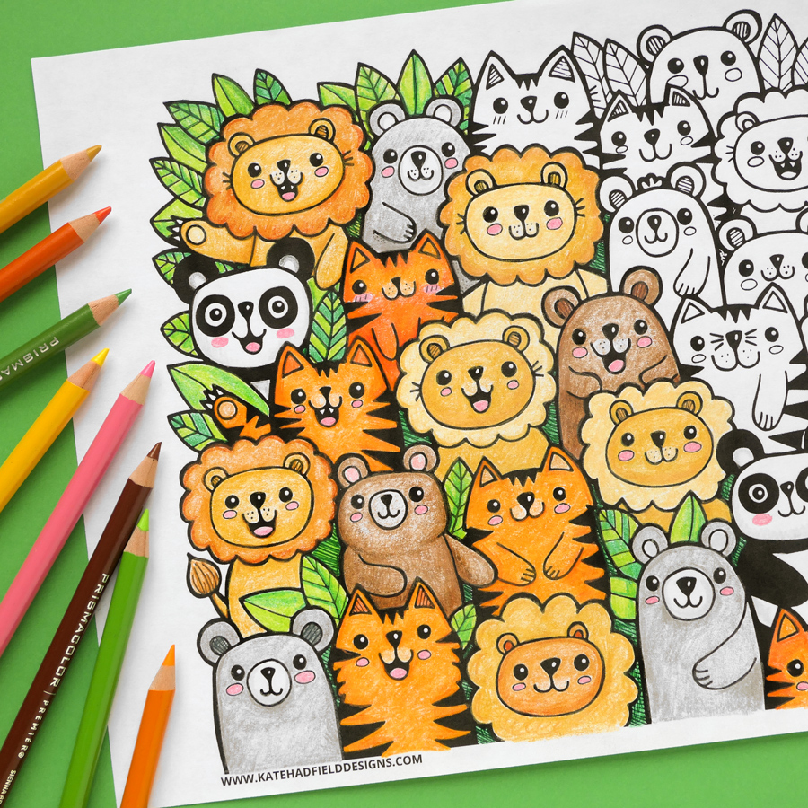 Lions and Tigers and Bears free kawaii colouring page