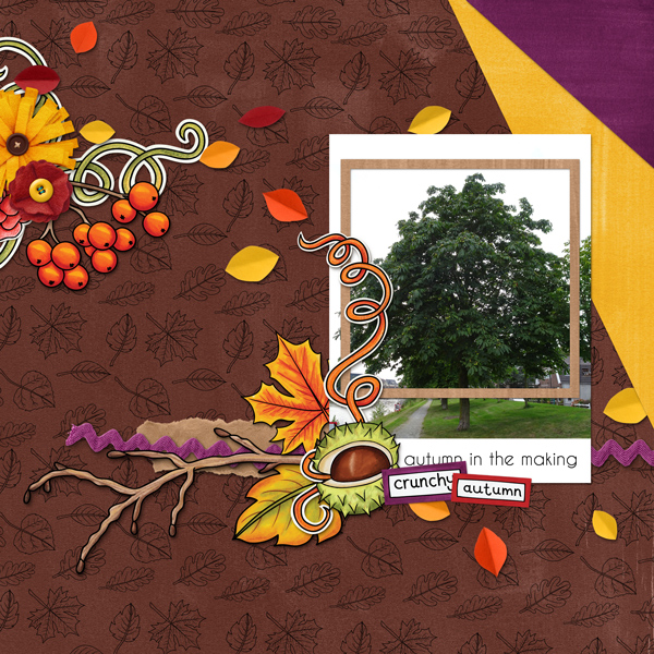 Autumn digital scrapbooking layout created with kits from Kate Hadfield Designs. Ideas for Fall scrapbook pages! Layout by Creative Team member Berniek
