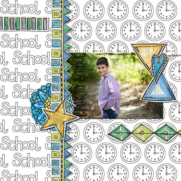 Back to school digital scrapbooking page | school scrapbook layout ideas | Kate Hadfield Designs creative team layout by Iva