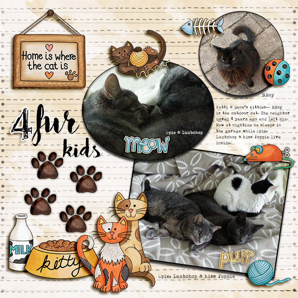 Kate Hadfield Designs Creative Team inspiration: "Here Kitty Kitty" | Digital scrapbook layout by Christa