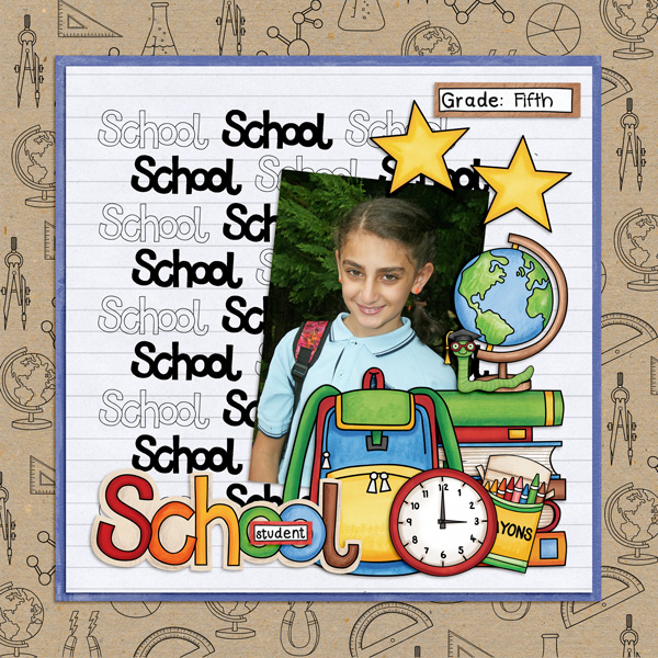 Back to school digital scrapbooking page | school scrapbook layout ideas | Kate Hadfield Designs creative team layout by Kirstie