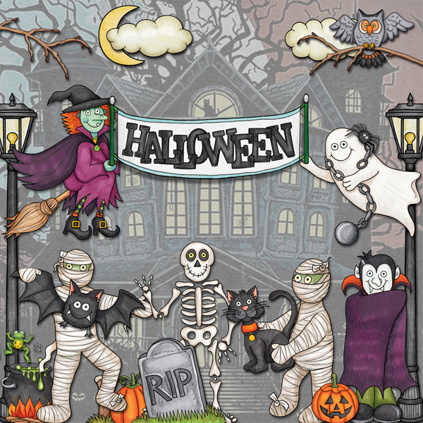 Kate Hadfield Designs Creative Team inspiration: "Halloween Favourites" | Digital scrapbook layout by Karen