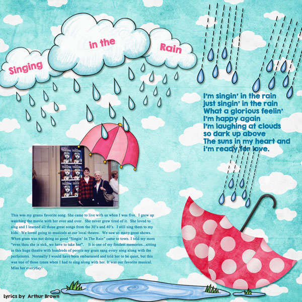 Singin the Rain digital scrapbooking page | scrapbook layout ideas | Kate Hadfield Designs creative team layout by Amy