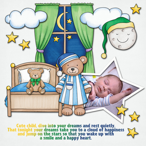 Sleep Tight digital scrapbooking page | scrapbook layout ideas | Kate Hadfield Designs creative team layout by Karen