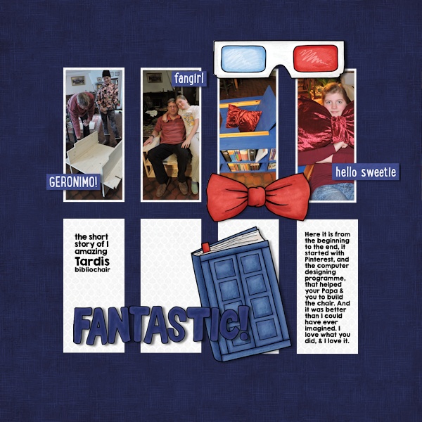 "Tardis Chair" digital scrapbooking page | scrapbook layout ideas | Kate Hadfield Designs creative team layout by Olga