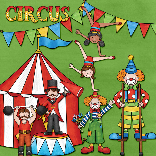 "Circus" photo-less digital scrapbook layout | ideas for scrapbooking without photographs | Kate Hadfield Designs Creative Team layout by Amy