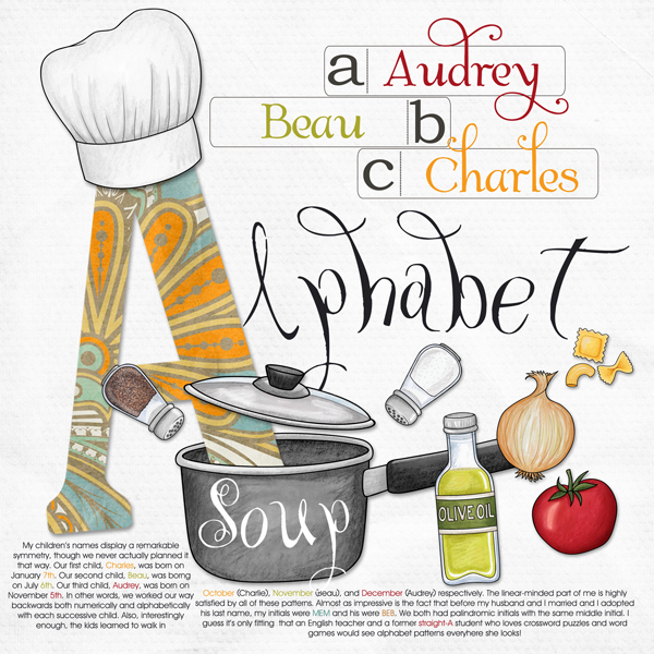 "Alphabet Soup" photo-less digital scrapbook layout | ideas for scrapbooking without photographs | Kate Hadfield Designs Creative Team layout by Molly