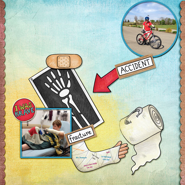 Accident / illness scrapbook pages created with the "Bruises and Breaks" digital scrapbooking kit from Kate Hadfield Designs - ideas and inspiration for scrapbookers! Layout created by Creative Team member Amy