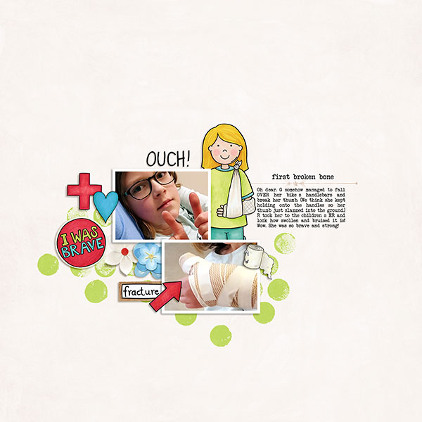 Accident / illness scrapbook pages created with the "Bruises and Breaks" digital scrapbooking kit from Kate Hadfield Designs - ideas and inspiration for scrapbookers! Layout created by Creative Team member Sara